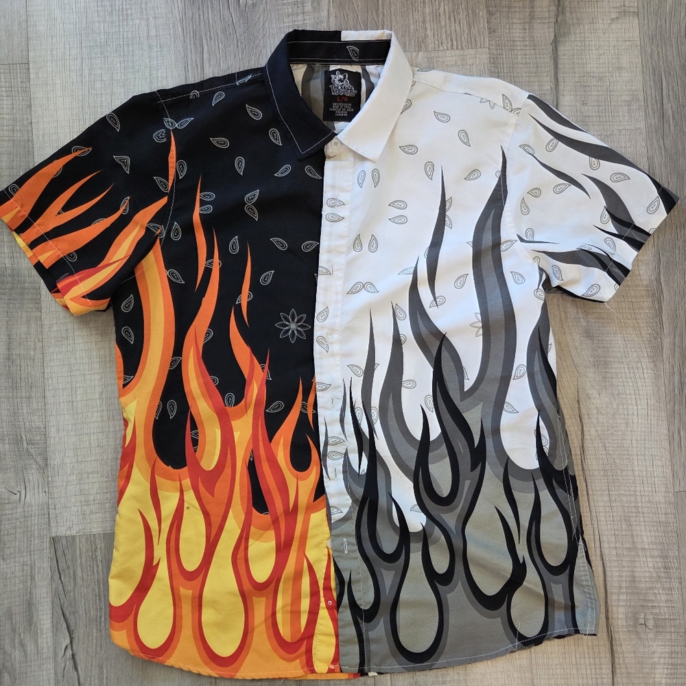 Trouble Maker Flame Pattern Casual Button Down Shirt - Black, White, and Orange